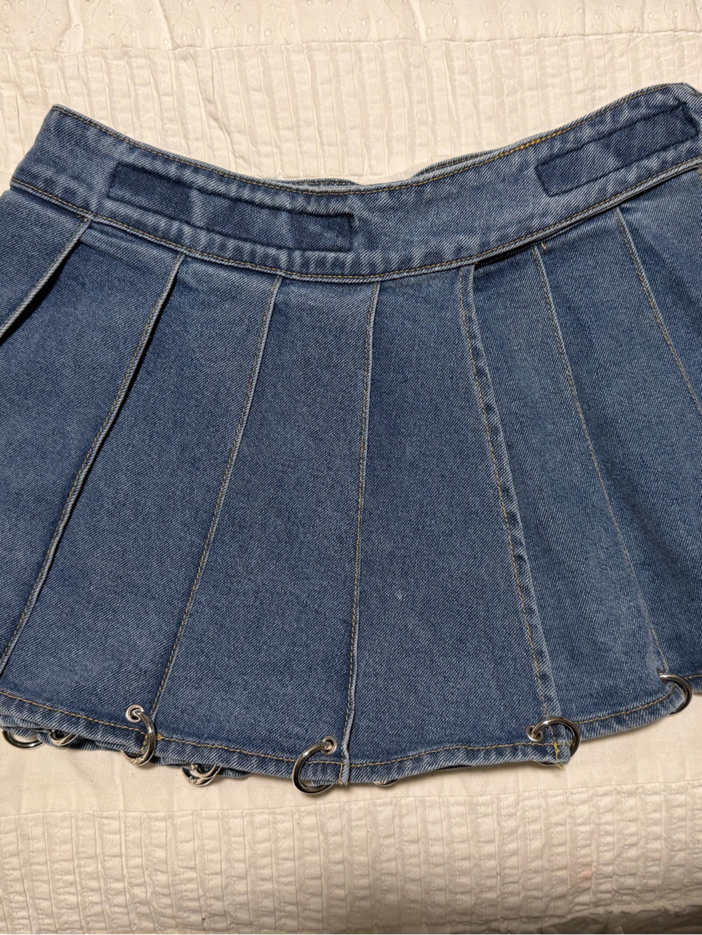 Blue Denim Pleated Mini Skirt with o Ring Trim Akira